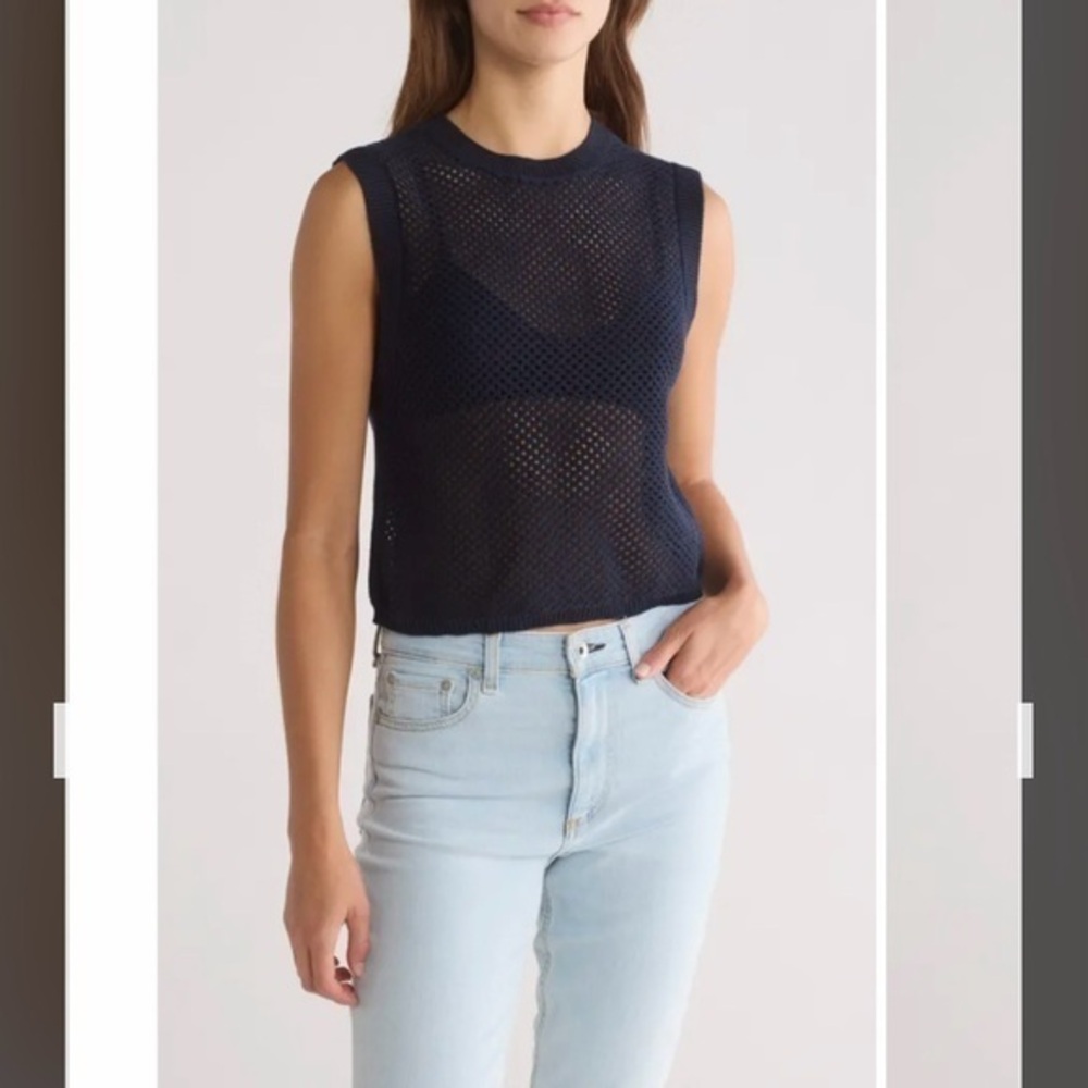 rag & bone Carson Cotton & Cashmere Open Stitch Sweater Vest in Navy Size S